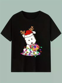 1pc Christmas Puppy Dog T-Shirt, 100% Cotton Crew Neck Short-Sleeve Tee, Festive Heat Transfer Holiday Top, Sports Style, Regular Fit (Color: Black, size: XXXL)